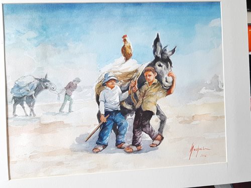 וויליאם נדג'אר, תמונה 18, נערים וחמור, אקווארל ללא מסגרת, פספרטו 45* 49.5