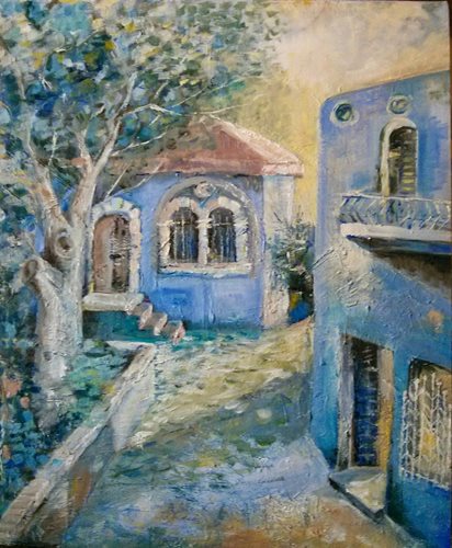 בתים כחולים ציור 1 עליזה רענן שמן על קנבס 50 *60